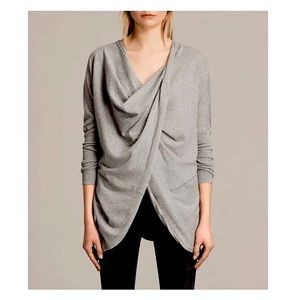 All Saints Itat Shrug Oversized Twist-Front Grey Cardigan Sweater